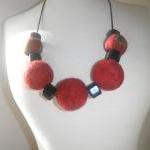 Felted Necklace, Felted Bead Necklace, Red And..